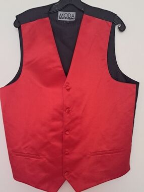 Moda Black Satin Formal Vest with Red Trim